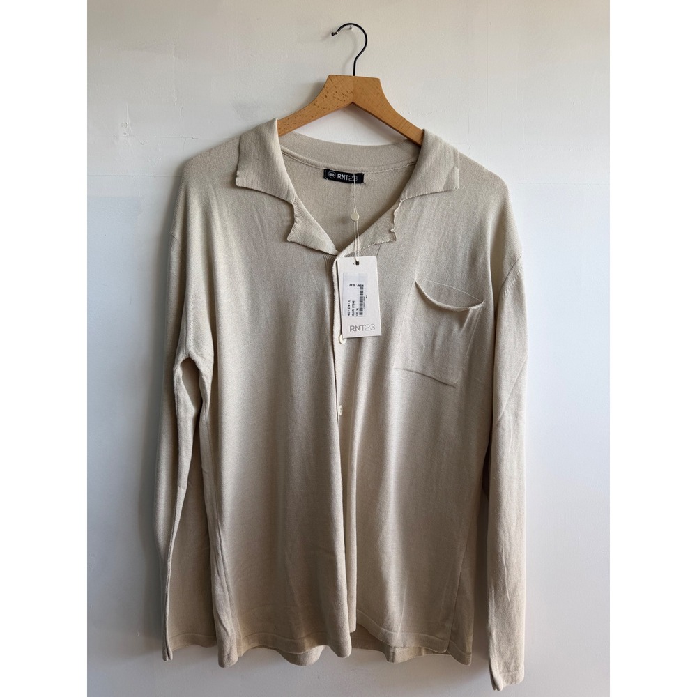RNT23 Mens Stone Beige Knit Long Sleeve Button Up NWT Shirt Camp Collar XL